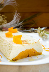 Sweet creamy pudding with cottage cheese and pumpkin souffle