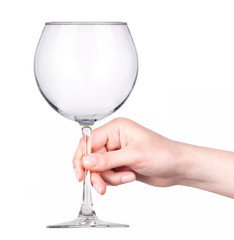 Empty Glass of wine on hand isolated on a white 