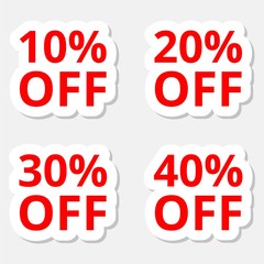 Sale discount stickers icons. Special offer price signs. 10, 20, 30 and 40 percent off reduction symbols