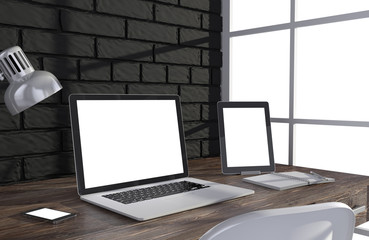 Fototapeta premium 3D illustration laptopand work stuff on table near brick wall
