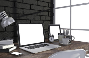 3D illustration laptopand work stuff on table near brick wall