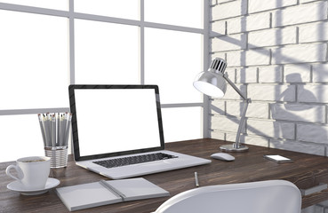 3D illustration laptopand work stuff on table near brick wall