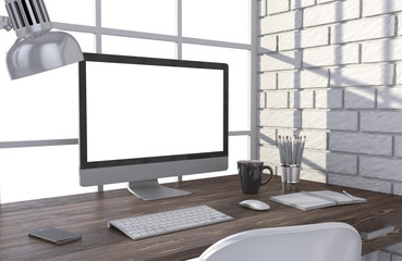 Fototapeta premium 3D illustration PC screen on table in office, Workspace