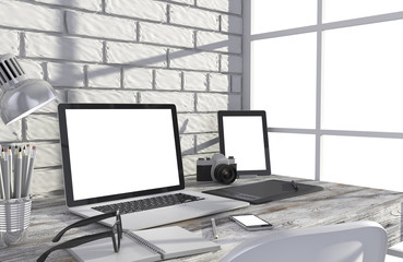 Fototapeta premium 3D illustration laptopand work stuff on table near brick wall