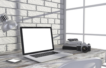 Fototapeta premium 3D illustration laptopand work stuff on table near brick wall
