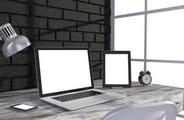 Fototapeta premium 3D illustration PC screen on table in office, Workspace