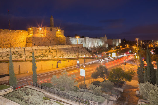 Jerusalem - tower of David and west part of old town walls at dusk