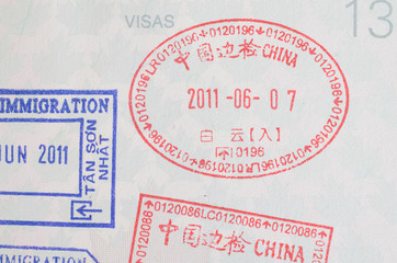 China visa passport stamp on Canadian passport close-up