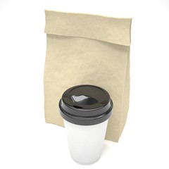 Coffee to go and lunch bag, on white.