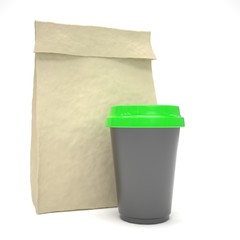 Coffee to go and lunch bag, on white.