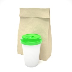 Coffee to go and lunch bag, on white.