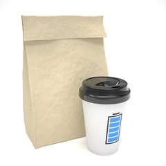 Coffee to go and lunch bag, on white.