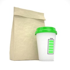 Coffee to go and lunch bag, on white.
