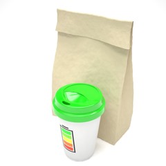 Coffee to go and lunch bag, on white.
