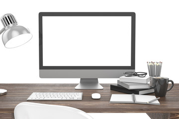 Fototapeta premium 3D illustration PC screen on table in office, Workspace