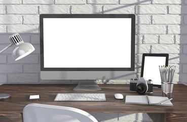 Fototapeta premium 3D illustration PC screen on table in office, Workspace