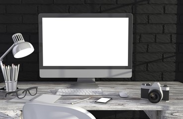 Fototapeta premium 3D illustration PC screen on table in office, Workspace