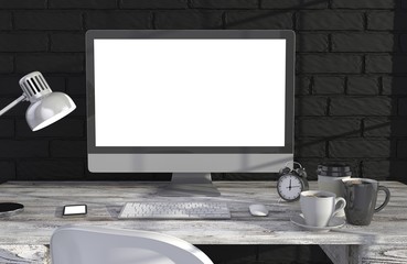Fototapeta premium 3D illustration PC screen on table in office, Workspace