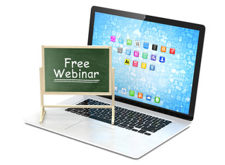 Laptop with chalkboard, free webinar, online education concept
