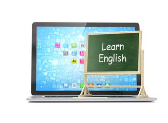  Laptop with chalkboard, learn english, online education concept