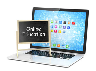  Laptop with chalkboard, online education concept