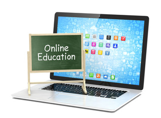  Laptop with chalkboard, online education concept