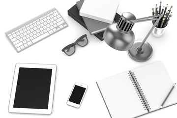 office stuff on table, workplace, top view