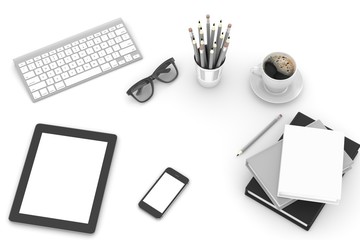 office stuff on table, workplace, top view