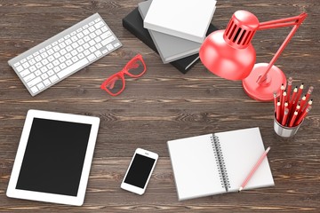 office stuff on table, workplace, top view