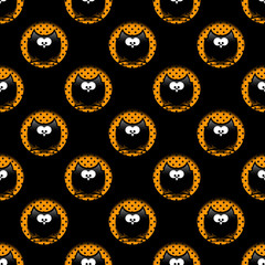 seamless halloween pattern with cartoon owls in hollows over bla
