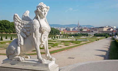 Vienna - sphinx for Belvedere palace in morning and the town - obrazy, fototapety, plakaty