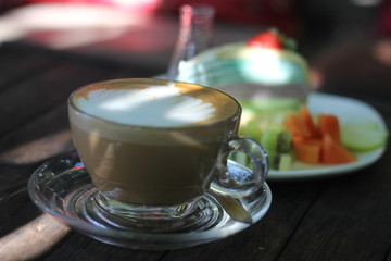 Crepe cake make from eggs, sugar, milk, cake flour
It's sweet test and very delicious when eat with Latte
Latte is a coffee 
Latte art is the art on coffee they make any graphics on a coffee