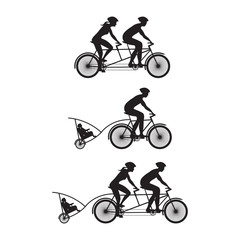 Silhouette of family on bicycles. Bicycle and tandem-bicycle.