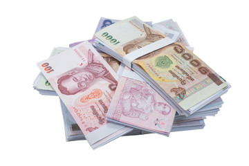 Thailand is a bundle of banknotes piled on a white background.