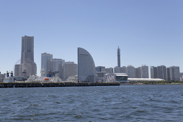  The view of Minato Mirai in Yokohama, Japan from the water taxi.