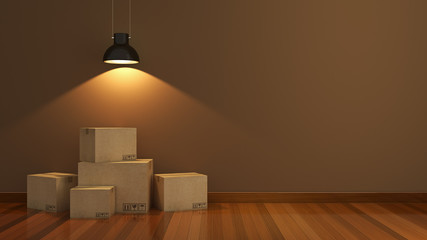 New home concept. Boxes in empty room 3D