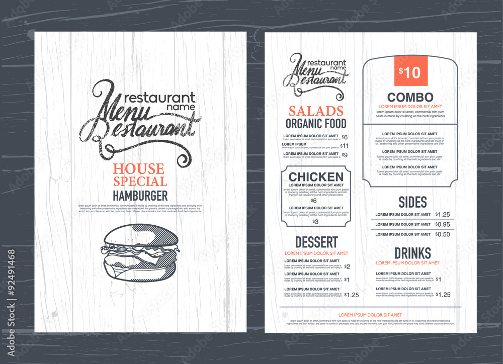 Wall mural vintage restaurant menu design and wood texture background..