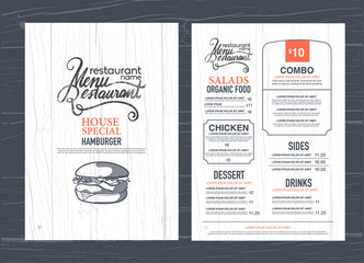 vintage restaurant menu design and wood texture background..