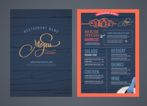 Retro restaurant menu design and wood texture background..