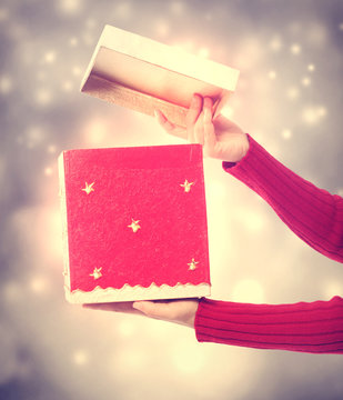 Woman Holding A Big Red Present Box