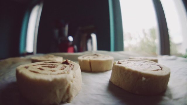Point of view: cinnamon rolls being put into the hot oven. POV: woman baking sweet buns with cinnamon, putting them into the electrical stove. Slow Motion. Home made bakery. Cozy Cooking at home. 