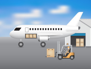 Operator loading cargo box to airplane storage by forklift inside hangar, airport. Vector illustration concept of import export, logistic, shipping, delivery. Freight transport distribution indusry.