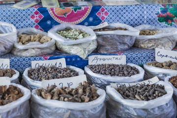 Beautiful vivid oriental market with bags full of various spices