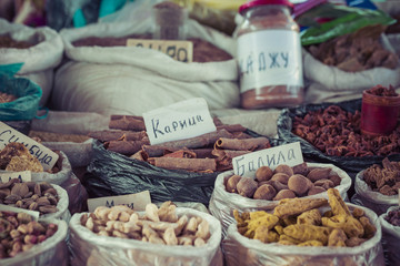 Beautiful vivid oriental market with bags full of various spices