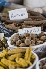 Beautiful vivid oriental market with bags full of various spices