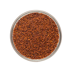 Top view of Organic Small Brown Mustard Seeds (Brassica juncea) in glass bowl isolated on white background.