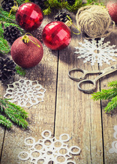 Christmas Decoration Over Wooden Background. Decorations over Wood.