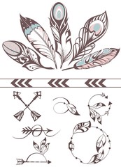 Hand drawn illustration - Frames with feathers. Collection of feathers