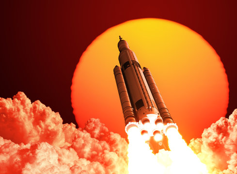 Space Launch System Takes Off On The Background Of Sunrise