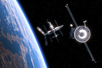 Fototapeta na wymiar The Spacecraft Flies To Space Station